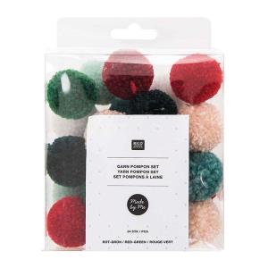 24 pompones de lana navideños verdes y rojos