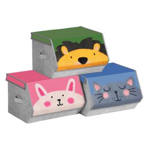 3 cajas de almacenaje de color rosa y azul y verde y gris