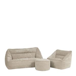 3 pufs de chenilla: sofá, sillón y reposapiés redondo, beig…