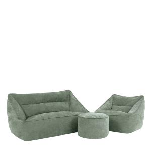 3 pufs de chenilla: sofá, sillón y reposapiés redondo, verd…