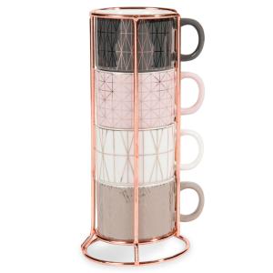 4 tazas de café expresso de loza   soporte MODERN COPPER