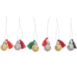 6 mini bolas navideñas con purpurina y pompones rojos y ver…