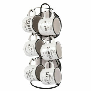 6 tazas y platillos de porcelana con soporte