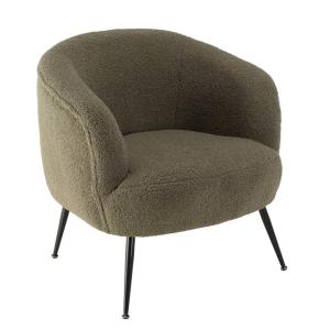 Acogedor sillón de tela de bouclette verde caqui con patas…