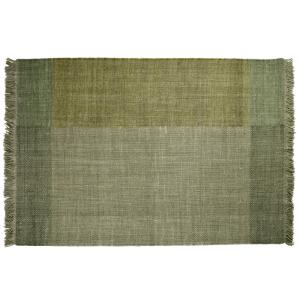 Alfombra de lana tejida verde caqui con flecos 140 x 200