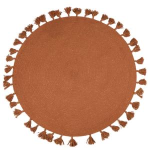 Alfombra infantil redonda caramelo y dorado con pompones D1…