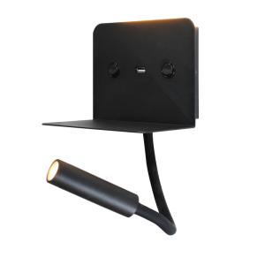 Aplique de pared negro con luz lectura led 3w y usb