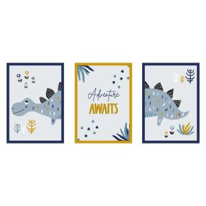 Art print (set de 3) dinosaurios azul y mostaza 21x29,7 cm