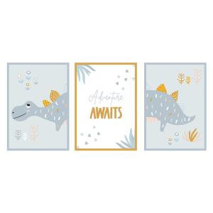 Art print (set de 3) dinosaurios azul y naranja 21x29,7 cm