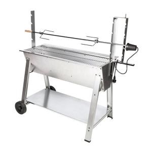 Asador de acero gris con madera y carbón