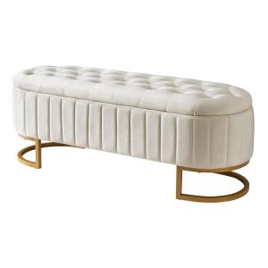 Banco para cama tapizado en terciopelo beige con patas dora…