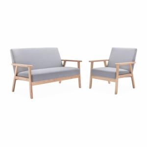 Banco y sillón de madera y tela, 3 plazas, gris claro