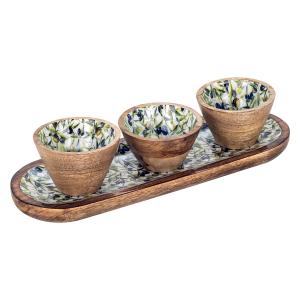 Bandeja aceitunas con bowls madera marrón 3x13x38cm