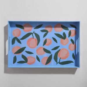 Bandeja de frutas, azul, rosa y verde