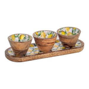 Bandeja limones con bowls madera amarillo 3x13x38cm