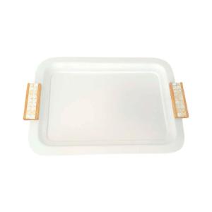 Bandeja rectangular blanca con asas de madera 41x31 cm