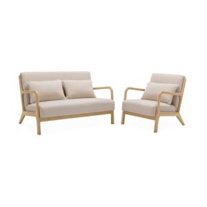 Banqueta de 2 plazas   sillón de tela beige y madera, beige