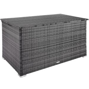Baúl de jardín de ratán sintético 145x82,5x79,5 cm gris
