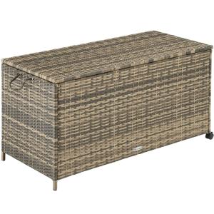 Baúl de jardín de ratán sintético con ruedas 117x54x64 cm n…