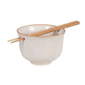 Bol para arroz de cerámica beige y palillos de madera de ha…
