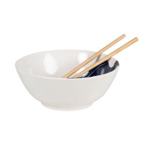 Bol para ramen de cerámica blanca, azul y palillos de bambú…