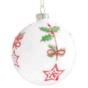 Bola de Navidad blanca con motivos de acebos y estrellas