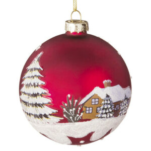 Bola de Navidad de cristal rojo con estampado de casa nevada