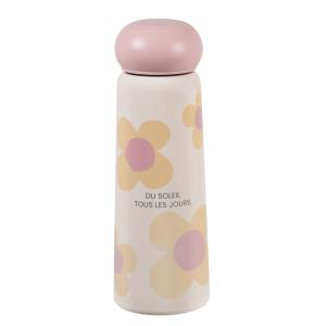 Botella de agua de acero beige con flores rosas y amarillas…