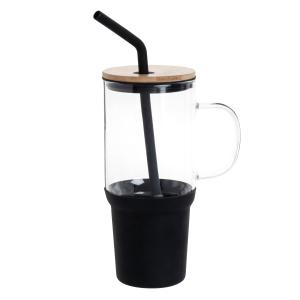 Botella de vidrio transparente con pajilla de silicona negr…