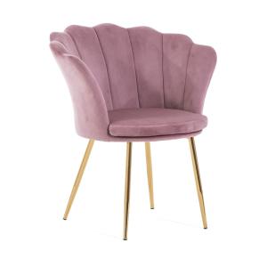 Butaca con forma de concha en terciopelo rosa y patas oro