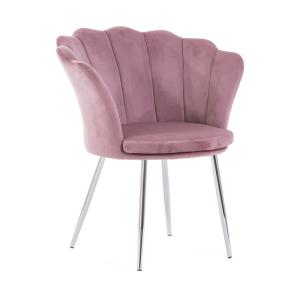 Butaca con forma de concha en terciopelo rosa y patas plata