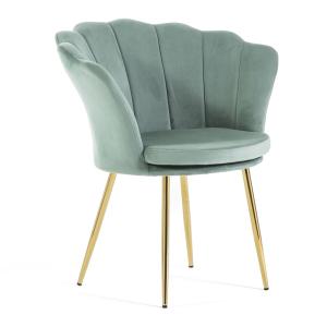 Butaca con forma de concha en terciopelo verde y patas oro