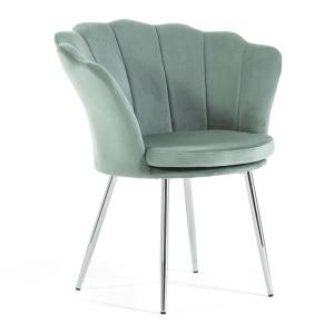 Butaca con forma de concha en terciopelo verde y patas plata