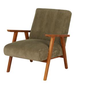 Butaca vintage de madera de haya y pana verde caqui