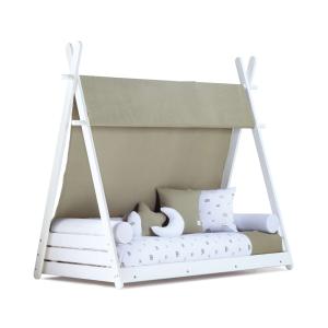 Cabaña cama de 70x140 cm montessori con textil en verde-oli…