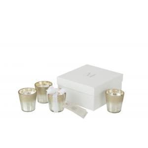 Caja de 4 velas perfumadas de vidrio plateado 7x7x7 cm