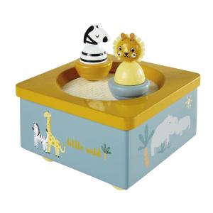 Caja musical con animales amarilla, gris, verde y blanca