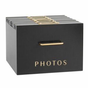 Caja para fotos con 6 álbumes negra y dorada