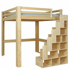 Cama alta 2 plazas con escalera madera maciza 200x200 cm