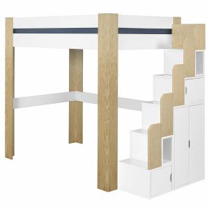 Cama alta con escalera madera maciza  blanco y madera 90x19…