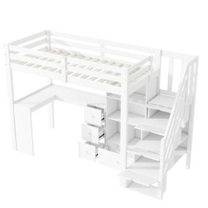 Cama alta de madera blanca de 90x200 cm con escritorio y ca…