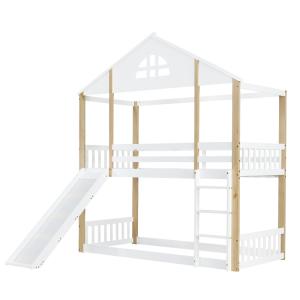 Cama alta de madera blanca y natural de 90 x 200 cm con tob…