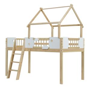 Cama alta de madera blanca y natural de 90x200 cm con baran…