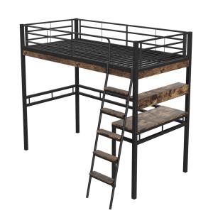 Cama alta de metal negra 90x200 cm con escritorio