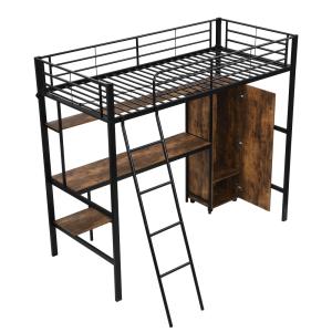 Cama alta de metal negro de 90 x 200 cm con armario y mesa