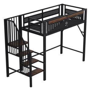 Cama alta de metal negro de 90 x 200 cm con barandilla y es…