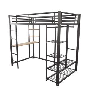 Cama alta de metal negro de 90 x 200 cm con espacio de alma…