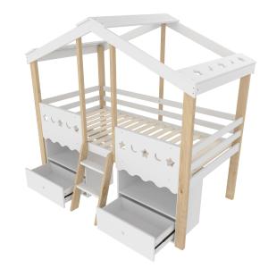 Cama alta madera blanca 90x200 cm con 2 cajones y LED