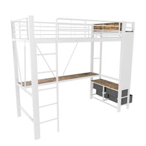 Cama alta metal blanco 90x200 cm con 4 cajones y escritorio