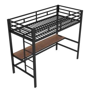 Cama alta metal negro 90x200 cm con mesa y LED